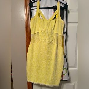Yellow with white lace overlay bodycon dress (juniors)